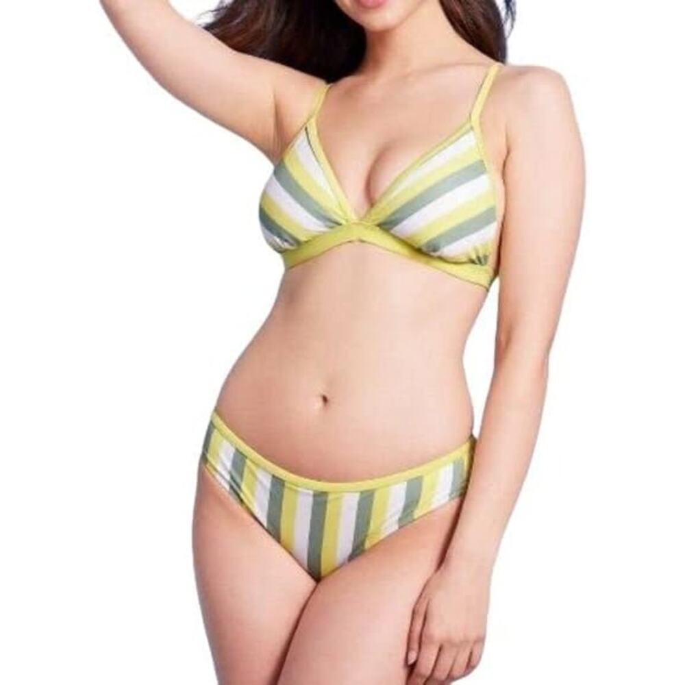 Kona Sol Two Piece Bikini Set Sz X Yellow Gray Striped Beach Resort Bathing Suit